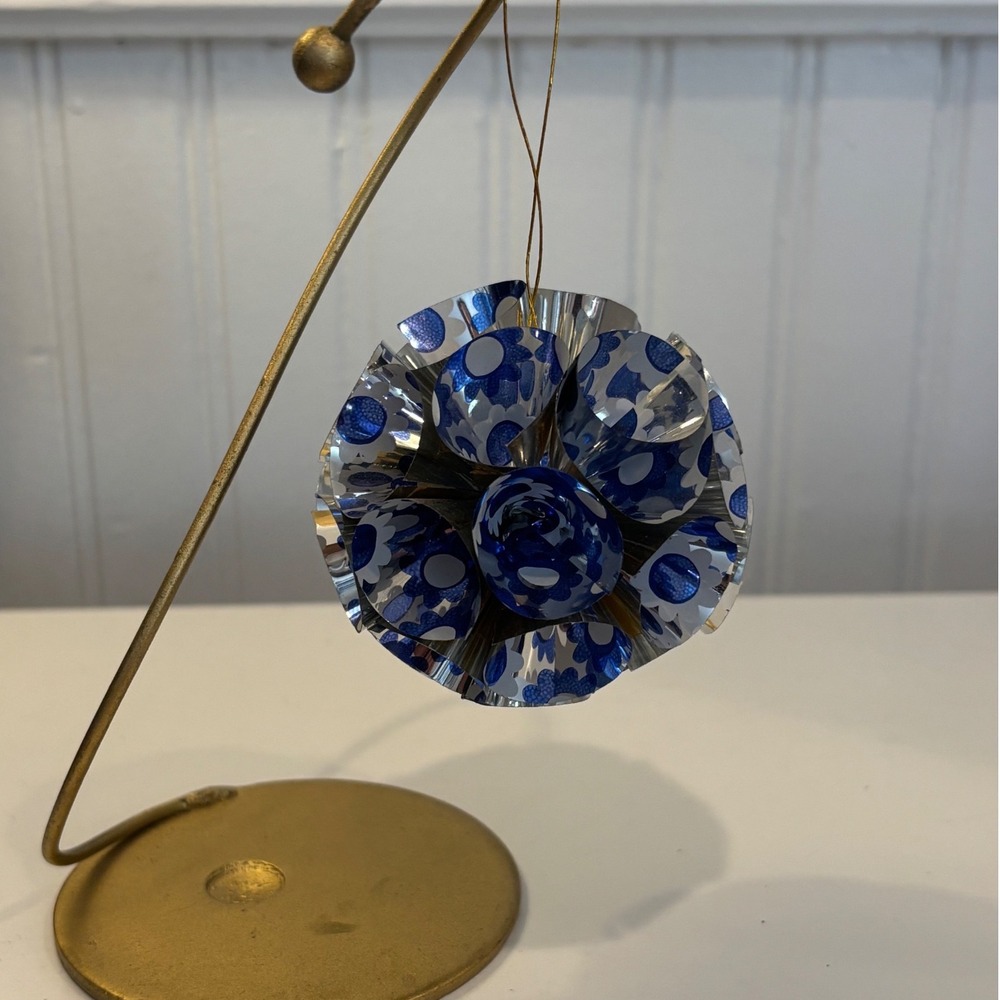 Vintage MCM Atomic Foil Christmas Ornament Blue Silver Floral Retro Starburst